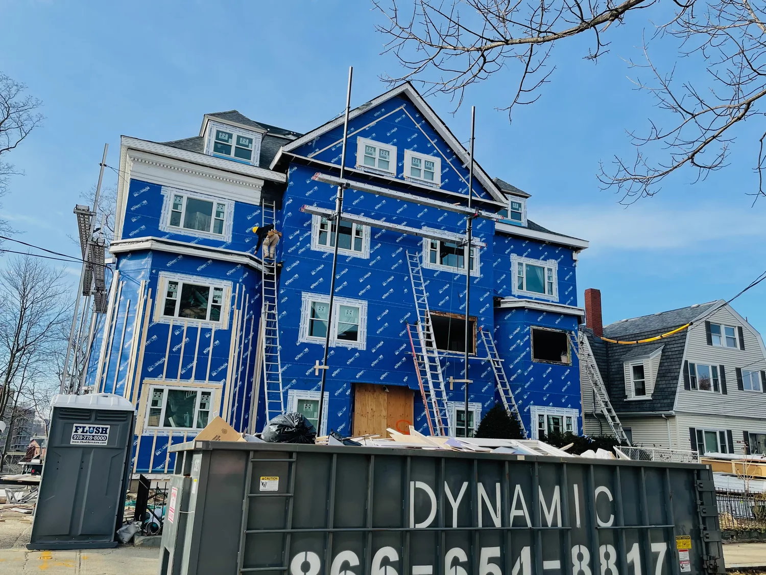 Full building envelope weatherization wrap on a project under construction