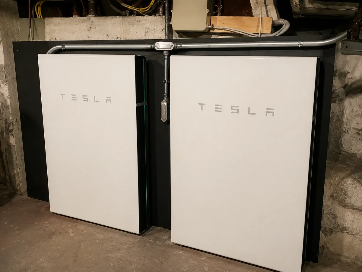 Tesla Powerwall battery storage installed next to the electrical panel on a project